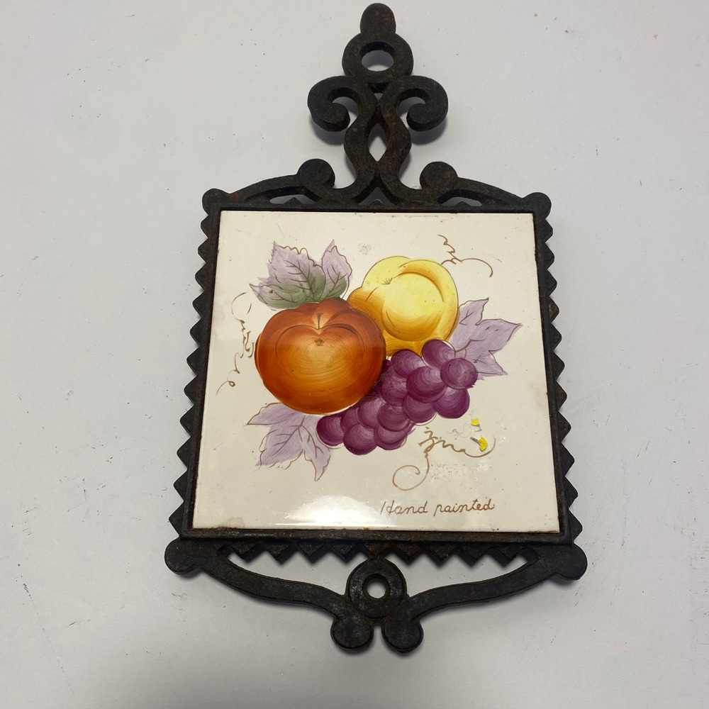 Trivet Kitchen Decor Hand Painted Fruit Cast Iron Tile Apple Pear Grapes